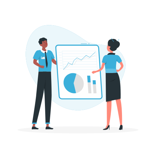 two people looking at a report, with graphs and charts